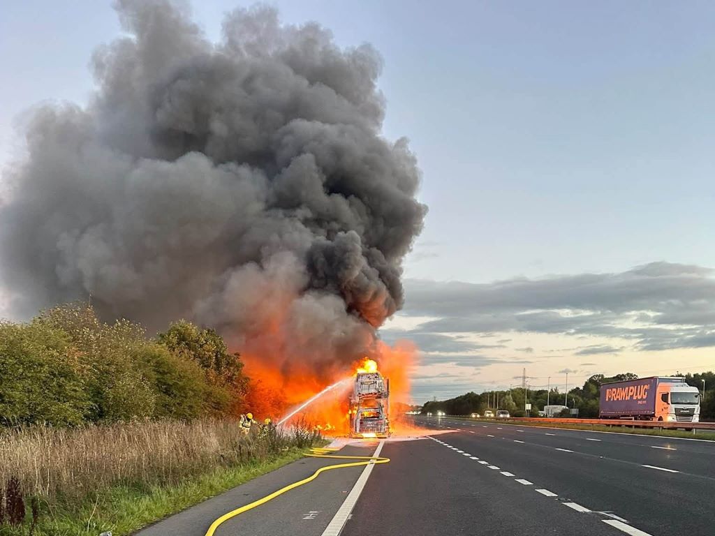 Fire Engulfs Car Transporter Carrying Nine Vehicles on M6 in Cumbria
